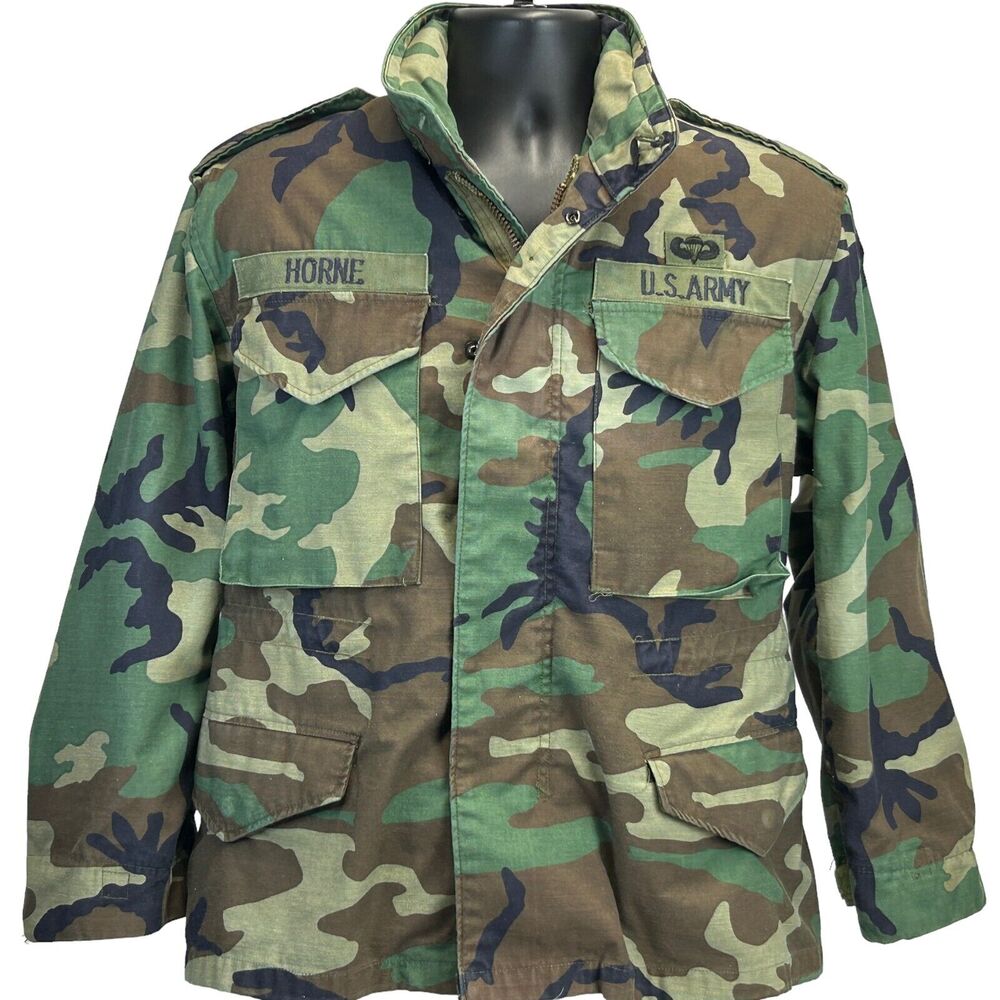 Vintage US Army Paratrooper M65 Hooded Field Coat S Small Short Camouflage Green